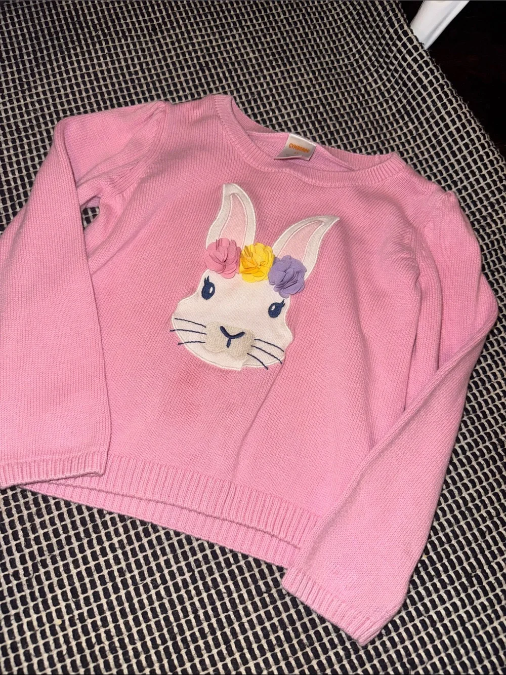 Gymboree Pink Bunny Applique Knit Sweater with Floral Accents